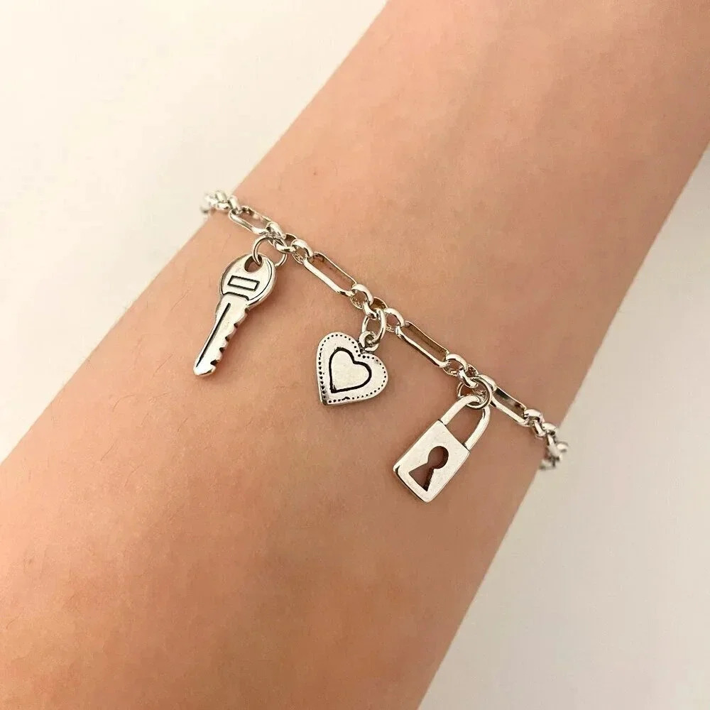 925 Sterling Silver Lock Key Bracelet Heart Charm Bracelet Chain Link Bracelet